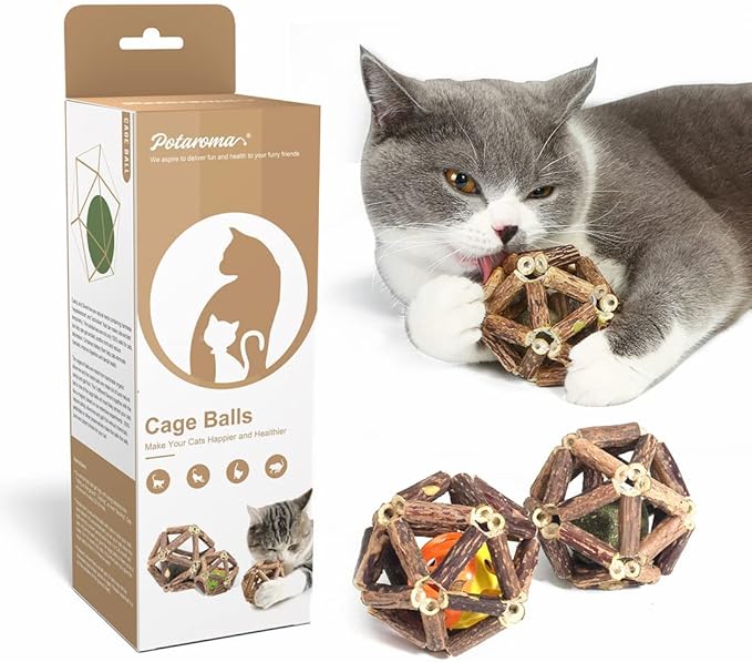 Potaroma Catnip Toys, 3Pcs Cat Toys Natural Silvervine Stick Cage Balls & Bell Ball for Indoor Cats, Kitten Cleaning Teeth Molar Matatabi Cat Chew Toy All Breeds-Mewly Pet