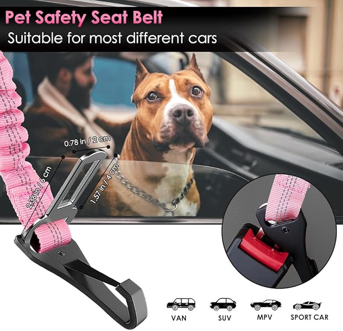 SlowTon Dog Seat Belt, Adjustable Dog Safety Belt Leash, 2 in 1 Latch Bar Attachment Dog Car Seatbelt with Elastic Nylon Bungee Buffer, Reflective Nylon Belt Tether Connect to Dog Harness (Pink)-Mewly Pet