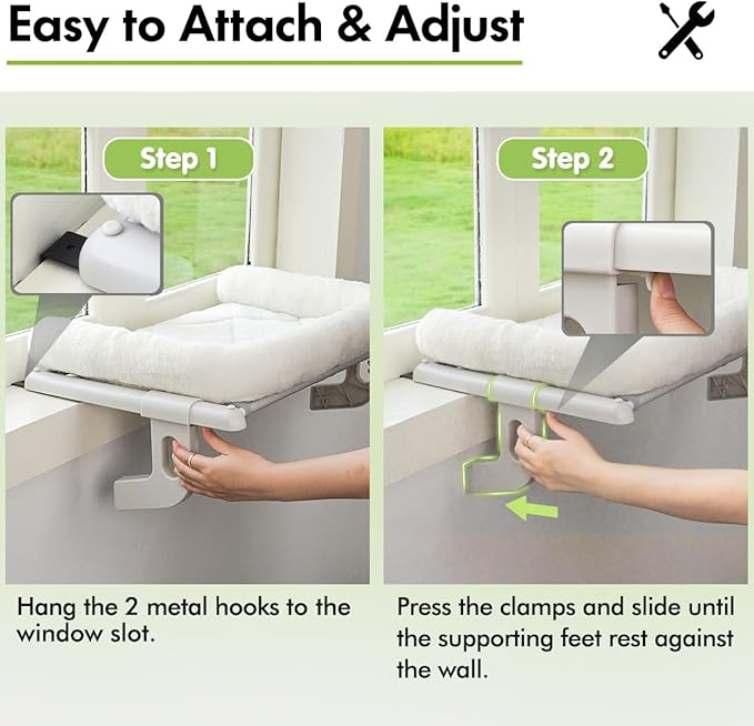 Cat Window Sill Perch with Large Bolster, Easy to Adjust & Assemble Cat Window Seat for Windowsill & Bedside, Pet Hammock Bed for Large Cats and Kittens (White, M)-Mewly Pet