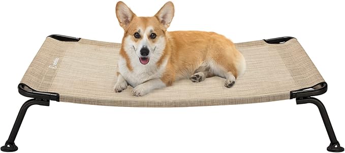 Veehoo Outdoor Elevated Dog Bed, Cooling Raised Dog Cots Beds for Medium Dogs, Portable Waterproof Curved Dogs Hammock Bed for Outside, up to 100lbs, Black Legs, Beige 32"-Mewly Pet