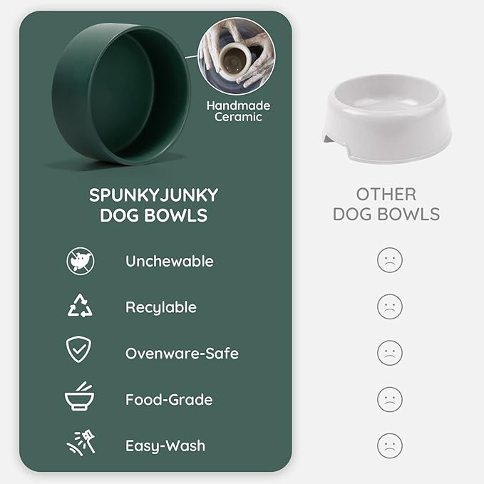 SPUNKYJUNKY Ceramic Dog and Cat Bowl with Wood Stand Non-Slip Matte Glaze Weighted Food Water Set for Cats &Small Dogs 13.5 OZ Green-Mewly Pet