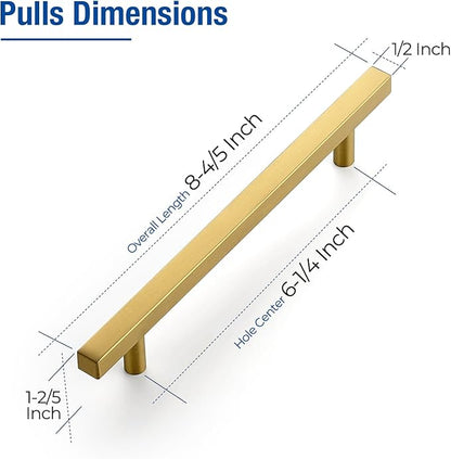 JOY DECOR 10 Pack 6-1/4 Inch Brushed Brass Square Cabinet Handles Stainless Steel Cabinet Hardware Pulls for Kitchen and Drawers with 8-13/16 Inch Overall Length