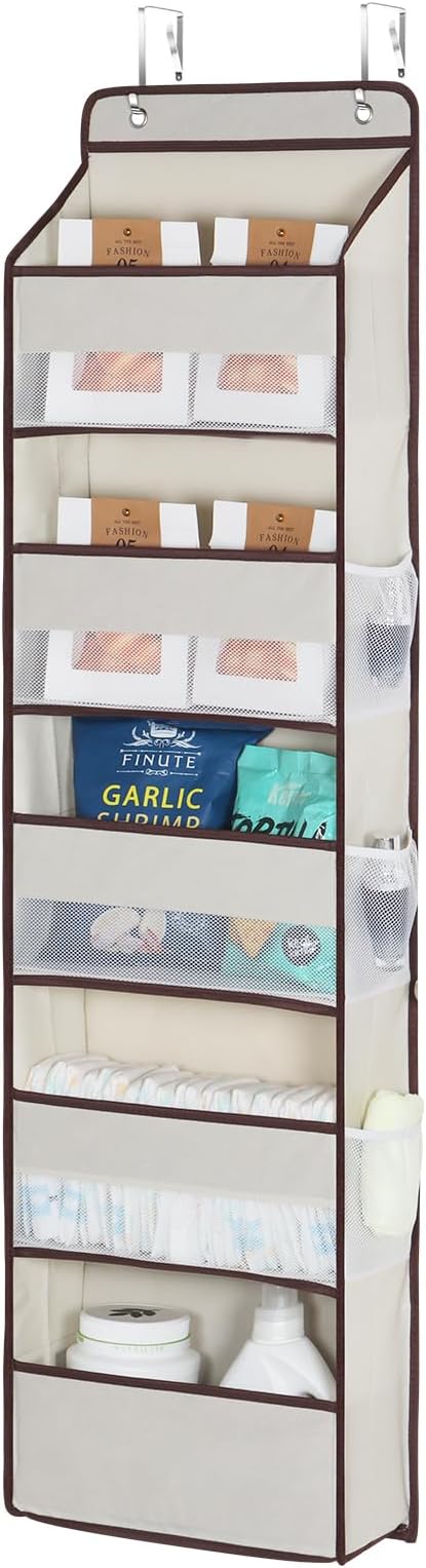 Univivi 1 Pack Over The Door Organizer, Non-Tilting Over The Door Organizer Hanging Door Storage With 5 Large Compartments 6 Side Pockets for Nursery Storage (Beige)