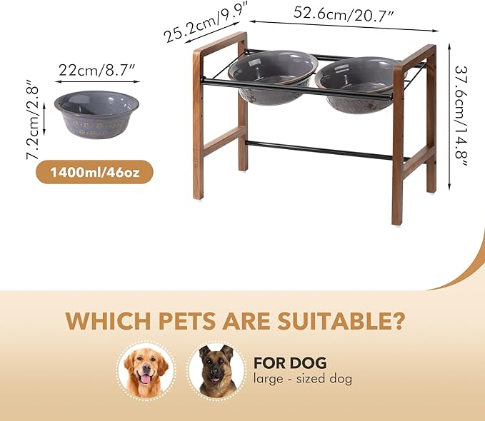 8.7inch Ceramic Adjustable Raised Double Bowls Set with Stand, 3 Heights Elevated, 2 Placement Options,Food and Water Dishes for Large Dog(Double Bowls+Stand, Reactived Glaze -Grey)-Mewly Pet