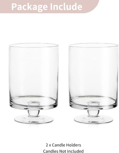 Nuptio 2 Pcs Glass Flower Vase - Large Pillar Candle Holder, 8.7in Tall Glass Cylinder Candle Holder Hurricane Ornament for Wedding Party Dining Table Home Centerpieces Housewarming Gift