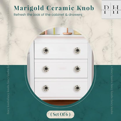 Perilla Home Set of 6 Knob Ceramic Decorative Knobs for Home Kitchen Cabinet Hardware Cupboard Door Dresser Wardrobe and Drawer Pulls (Marigold Black)