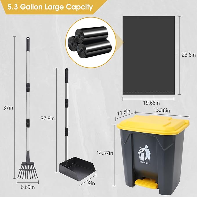 Dog Pooper Scooper, 20L Large Dog Poop Trash Can Outside with Removable Inner Bucket, Poop Trash Can for dog Outdoors with 90 Waste Bags, 37inch Long Handle Stainless Metal Tray & Rake-Mewly Pet