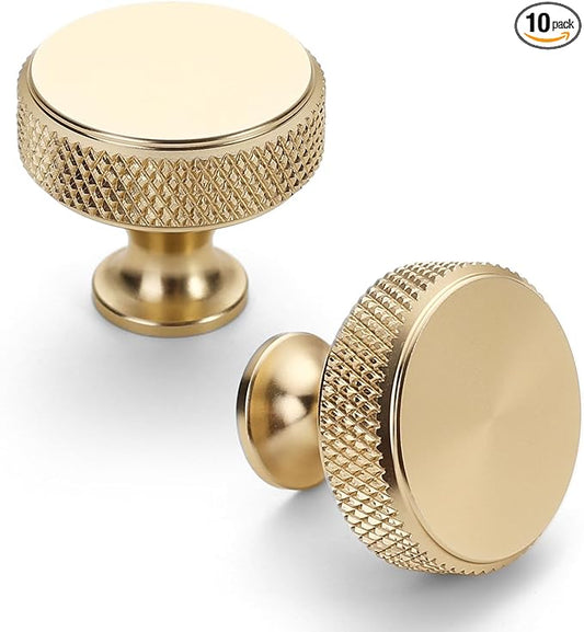 Asidrama 10 Pack Gold Knurled Cabinet Knobs for Dresser Kitchen Brushed Gold Cabinet Pulls Drawer Hardware for Cabinets