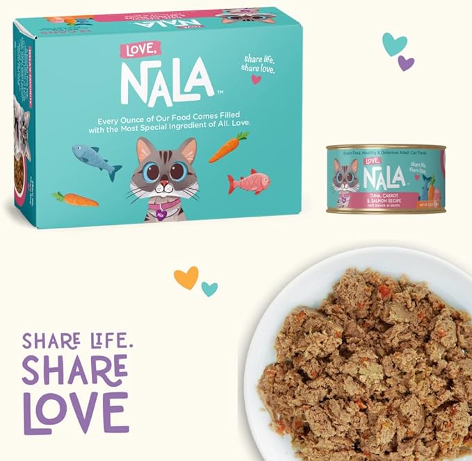 LOVE, NALA - Natural Adult Cat Wet Food - Pate Tuna, Carrot, & Salmon Recipe - Grain Free, Non-GMO, Digestive Fiber Blend, Minerals, Vitamins - 12 Pack 2.4 lbs.-Mewly Pet