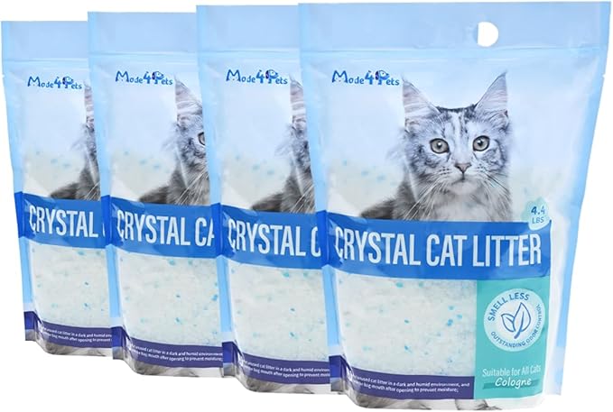 Made4Pets Cat Litter Crystals, Non Clumping Cat Litter Odor Control Kitty Litter Non Clumping No scooping Low Dust, Low Tracking, Lightweight, Dehydrates Waste,Cologne– 17.2 lbs (4 x 4.3 lb Packs)-Mewly Pet