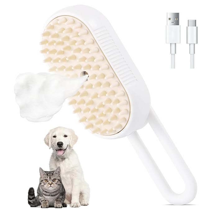 Cat Steam Brush, 3 in 1 Self Cleaning Steamy, Spray Silicone Massage Comb, Hair Removal Tool with Handle Multifunctional Grooming Brush for Cats Dogs-Mewly Pet
