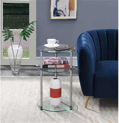 Convenience Concepts Designs2Go Classic Glass 3-Tier Round End Modern Contemporary Side Table with Storage Shelves for Living Room, Bathroom, Bedroom, 15.75"