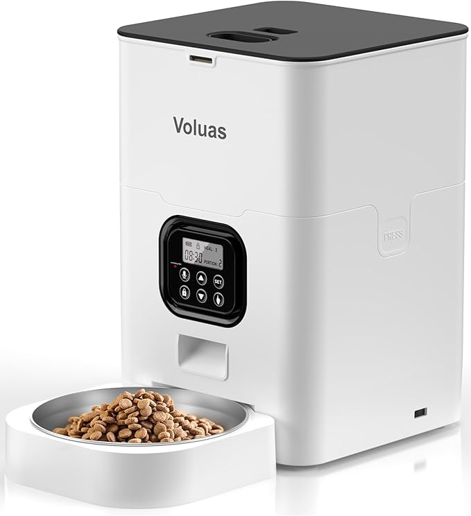 VOLUAS Automatic Cat Feeders - Timed Pet Feeder for Cats and Dogs with Dry Food Dispenser, Desiccant Bag, Programmable Portion Control, 4 Daily Meals, 10s Voice Recorder-Mewly Pet