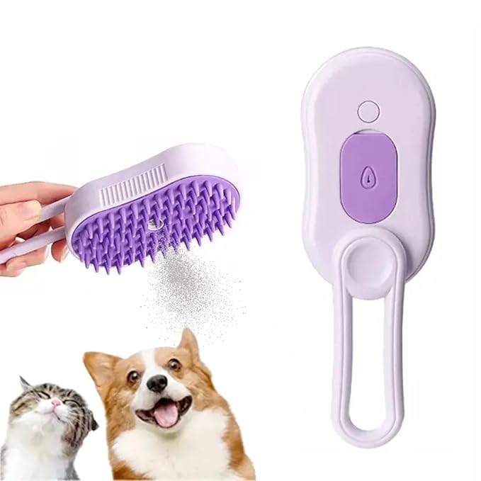 4 in 1 Cat Steam Brush Rechargeable pet spray comb Steam Brush for Cats and Dogs, Massage, Cleaning, Shedding & Combing Multifunctional Hair Removal Anti Static Grooming Tool for home (Purple)-Mewly Pet