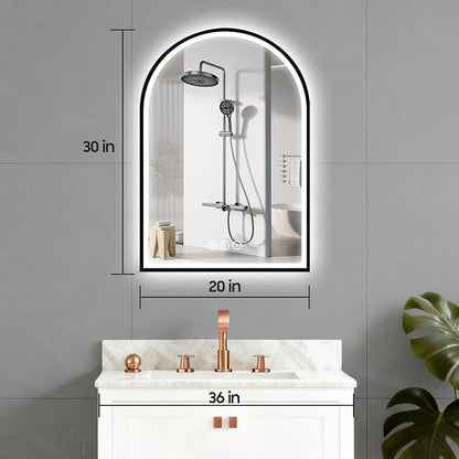 20x30 Inch Arch LED Bathroom Mirror, Black Lighted Bathroom Mirrors Wall Mounted, Vanity Mirror with Anti-Fog, Memory Function, 3 Color Temperature, Dimmable Led Mirror for Bathroom