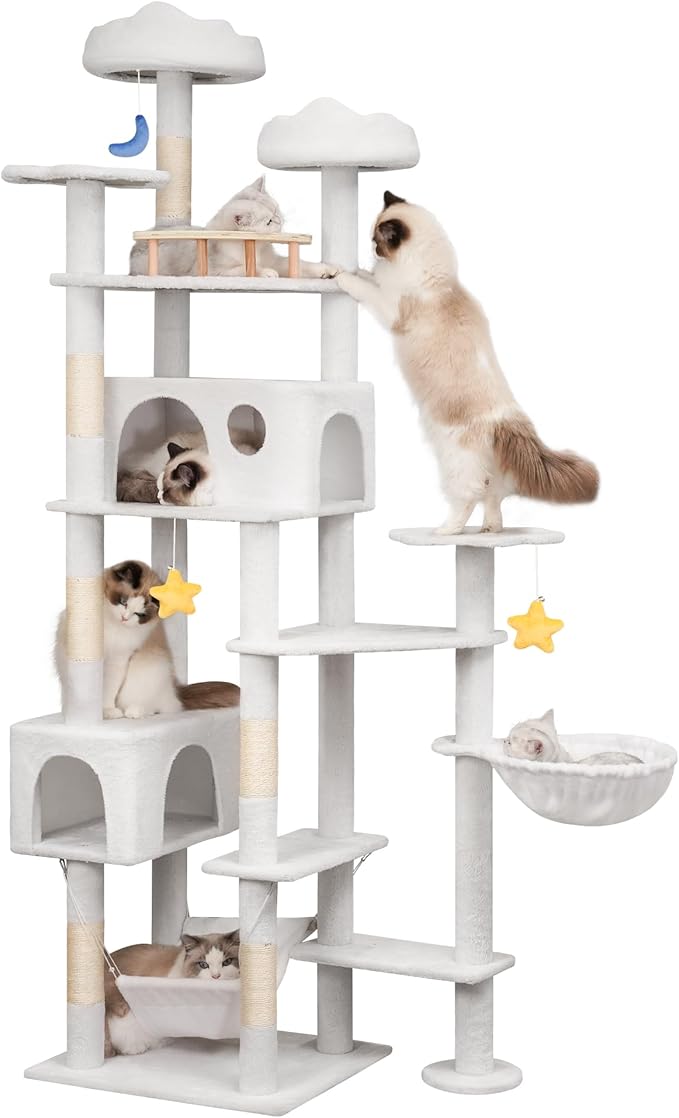 85in Tall Cat Tower for Heavy Duty Big Cats, Large Cat Tree with Scratching Post, Plush Perches, Cozy Cat Condos & Hanging Hammocks for Maine Coon, White-Mewly Pet