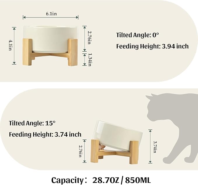 SPUNKYJUNKY 15° Slanted Ceramic Dog and Cat Bowl with Wooden Stand, Tilted Bulldog Food and Water Bowl No Slip Non-Spill for Cats Medium Dogs Big Face Pets 28.7 OZ (3.6 Cups, Beige)-Mewly Pet