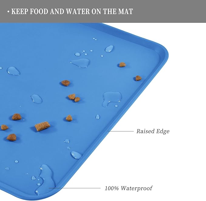 Waterproof Pet Feeding Mat with High Raised Edges, Heavier and Thicker Placemats for Cat Dog Water Bowl with BPA Free, Dogs Cats Food Mats for Messy Drinkers to Prevent Spill and Protect Floors-Mewly Pet