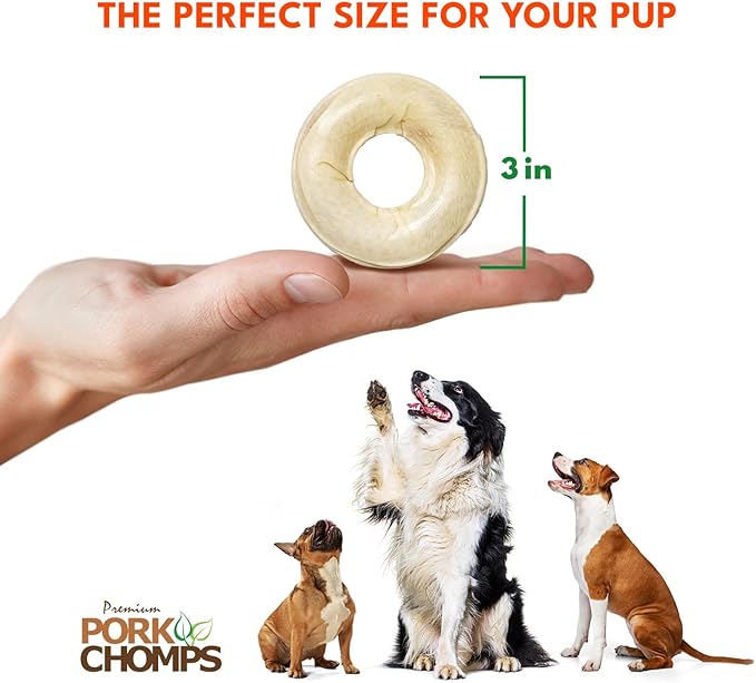 Pork Chomps Pressed Pork Skin Dog Chews, 2.5-inch Rings, Real Chicken, 8 Count (Pack of 2)-Mewly Pet