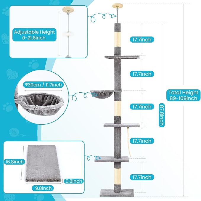 Cat Tree 5-Tier Floor to Ceiling, 89-109 Inch Adjustable Height Cat Tower with Cozy Hammock, Cat Climbing Tree for Indoor Cats, Gery-Mewly Pet