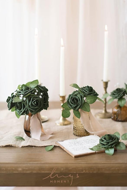 Ling’s Moment Artificial Flowers 50Pcs Emerald Green Roses Decor w/Stems,3" Real Touch DIY Foam Floral for Wedding Bouquet/Centerpieces, Outdoors Party Backdrop, Room/Table, and Garden/Pot Decorations