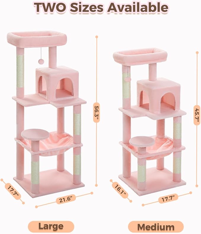 Cat Tree for Large Cats Adult with Metal Plush Big Hammock, 56.3" Cat Tower with 2 Door Condo House, 6-Tier Cat Shelves with Scratching Posts and Large Top Perch, Light Pink-Mewly Pet