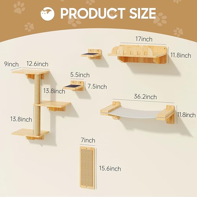 Cat Wall Shelves, Set of 6 Wooden Cat Wall Furniture Includes Scratching Post with 3 Steps, Jumping Platform, Hammock and Scratcher Board for Kittens-Mewly Pet