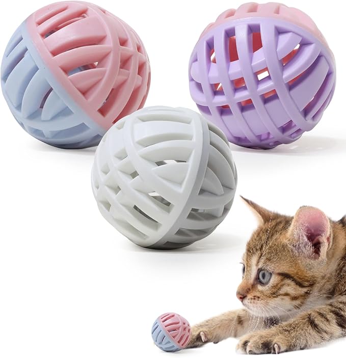 Rubber Cat Toy Balls with Inside Bell, Soft TPR Interactive Cat Ball Toys for Puppy Dogs and Kittens, Colorful Hollow Teeth Grinding Ball Interactive Sound Toy for Indoor Cats, 3 Pcs-Mewly Pet