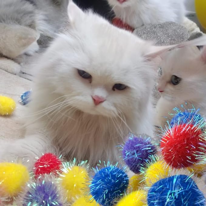 20 Pieces 2 inches Sparkle Pom Pom Balls for Cat - Interactive Glitter Balls, Multicolor, Best as Kitten Play Toys-Mewly Pet