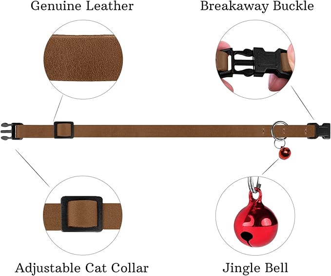 Breakaway Cat Collar Leather with Removable Bell - 13 Colors Available - Soft Adjustable Girl Boy Safety Lightweight Pet Kitten Collars Pink Brown Blue Green Red Orange Black (Cognac)-Mewly Pet