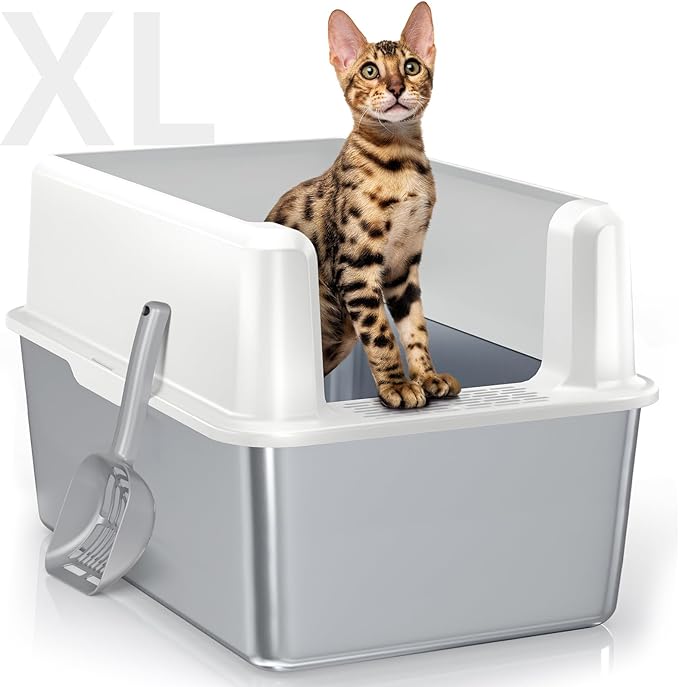 Stainless Steel Litter Box with Lid, 14” XL Stainless Steel Cat Litter Box Enclosure, Extra Large Metal Cat Box, Non-Sticky, Anti Leakage, Easy Cleaning Litter Pan, Include Scoop-Mewly Pet