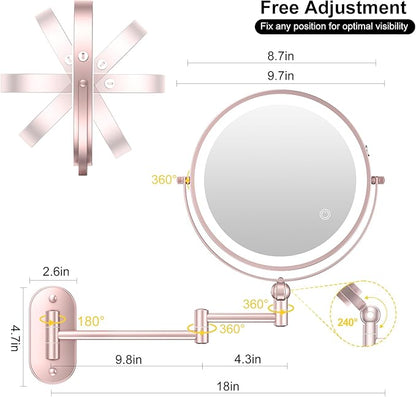 9" Wall Mounted Lighted Makeup Mirror,4000mAh Rechargeable Double Sided 1X/10X Magnifying Mirror with Light,3 Color Lights,Touch Dimmable,Extended Arm 360 Rotation Wall Mounted Makeup Mirror