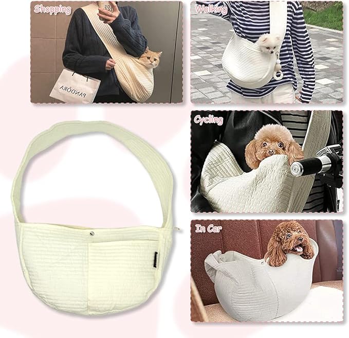 NATUYA Small Dog Carrier Sling Cat Sling,Adjustable Strap Hand Free Pet Puppy for Outdoor Traveling Subway (White, Canvas)-Mewly Pet