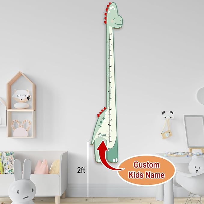 Personalized Growth Chart for Wall, Wooden Height Chart for Kids, Cute Height Measurement for Child/Girls/Boys, Baby and Toddler's Playroom/Kid's Room/Nursery Decor, Dinosaur