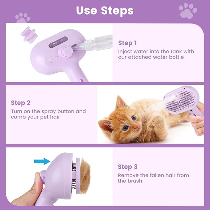 3 in 1 Cat Steam Brush, Pet Spray Hair Removal Comb for Shedding & Grooming, Water Brush for Cats Dogs Small Animals Long Short Haired with One-Click Release Button(Purple)-Mewly Pet