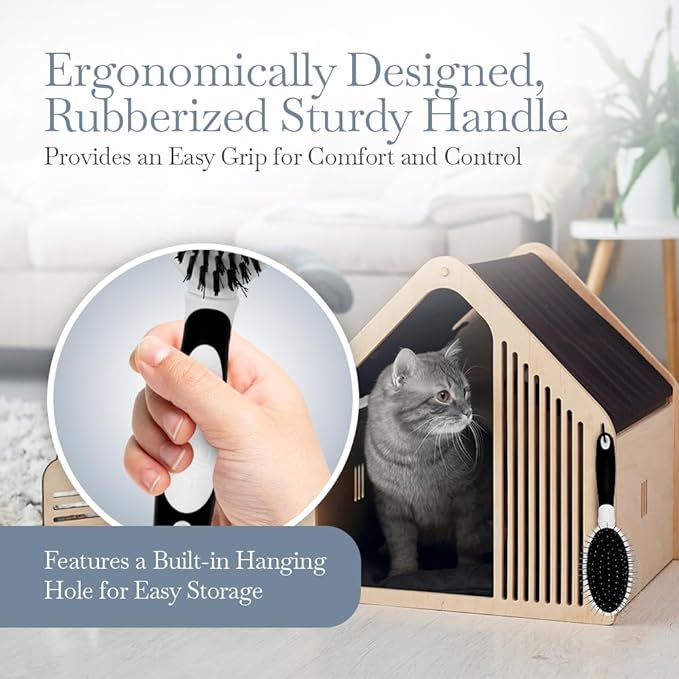 Fuller Brush 2-in-1 Double-Sided Pet Brush - Electroplated Round-Ended Steel Pins Positioned Into a Flexible Cushion on One Side & Nylon Bristles - Remove Shedding - Tool For Grooming Dogs & Cats-Mewly Pet