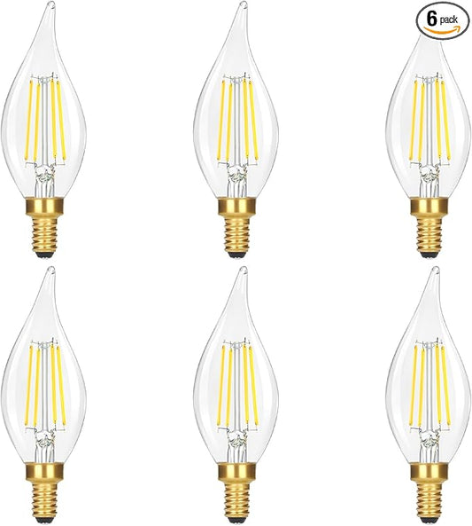 Dimmable E12 Candelabra Bulb 60 watt, 6W 630 LM Dimmable E12 LED Bulb 5000K Daylight White, Vintage Flame Tip LED Chandelier Light Bulbs, 6-Pack