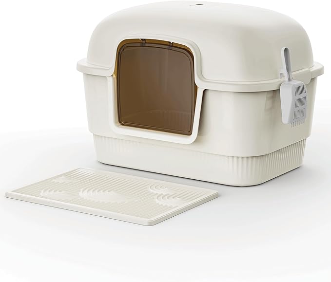 Cat Litter Box with Litter Mat and Scoop,High Wall Enclosed Cat Litter Boxes for Anti-Leakage, Covered Kitty Litter Box with Handle and Buckles for Portability and Privacy, Odor Control (White)-Mewly Pet