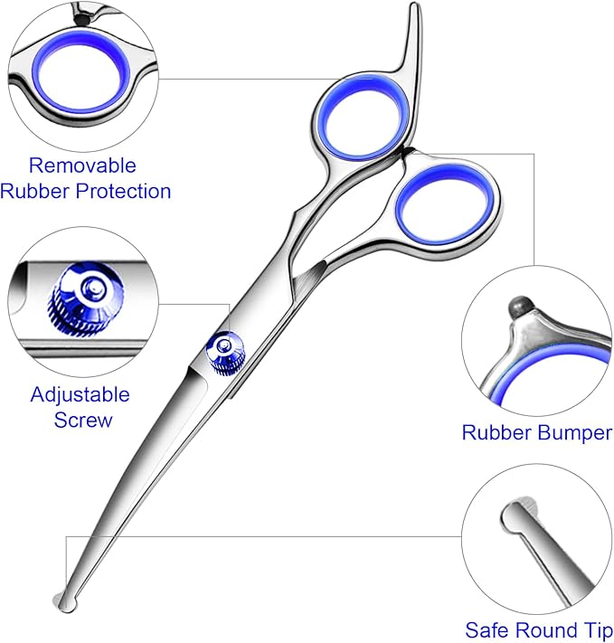 Professional Dog Grooming Scissors Kit, Titanium Coated Dog Scissors for Grooming, Grooming Shears Kit - Thinning, Curved Scissors and Comb for Dog Cat Pet (Blue 4 in 1)-Mewly Pet