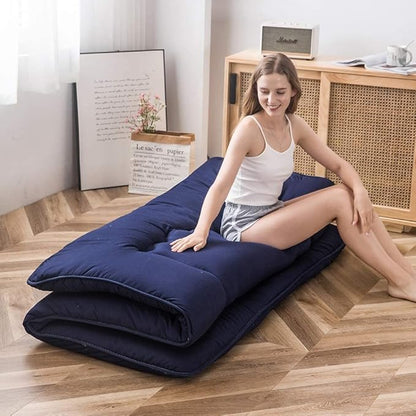 MAXYOYO Japanese Floor Mattress Futon Mattress, Thicken Tatami Mat Sleeping Pad Foldable Roll Up Mattress Boys Girls Dormitory Mattress Pad Kids Floor Lounger Pillow Bed, Navy, Full