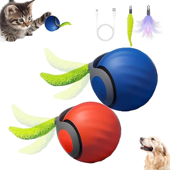 2Packs Speedy 2.0 Tail Cat Toys for Bored Indoor Adult Cats,2025 New Generation Interactive Cat Toys for Indoor Cats,Automatic Moving Ball with Tail,Blue and Orange-Mewly Pet