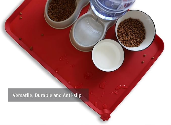 Hoki Found X-Large Silicone Non Slip Pet Feeding Mats - Waterproof Dog Cat Food Mats for Carpet - Classic Red-Mewly Pet