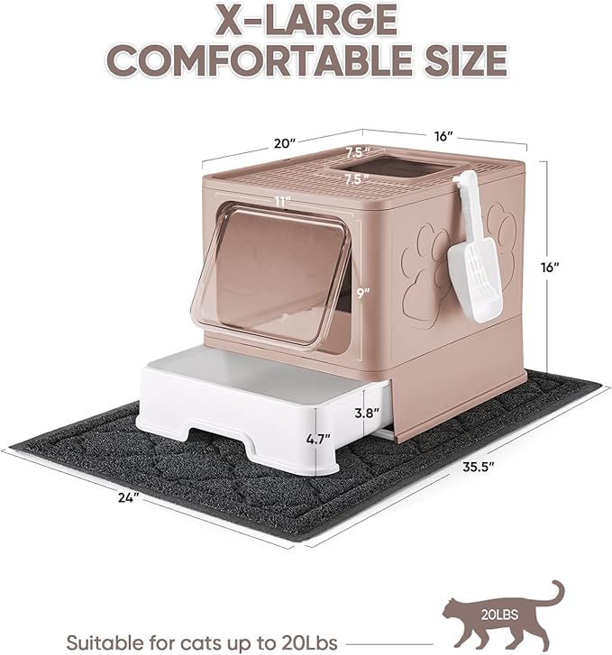 Cat Litter Box with X-Large Litter Mat and Scoop, Large Foldable Litter Box with Lid, Enclosed Kitty Box,Front Top Entry Exit, Odor Control Easy to Clean (Upgrade Coffee)-Mewly Pet