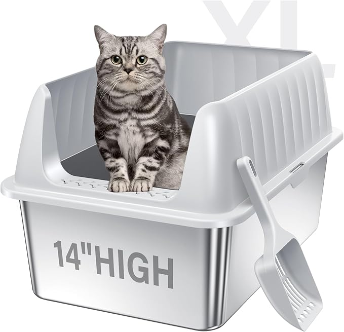 Cat Litter Box Stainless Steel XL with Lid, Enclosed Metal Extra Large Litter Box Pan High Sided with Scoop for Big Cats, Non-Sticky, Anti-Urine Leakage, Easy Cleaning-Mewly Pet