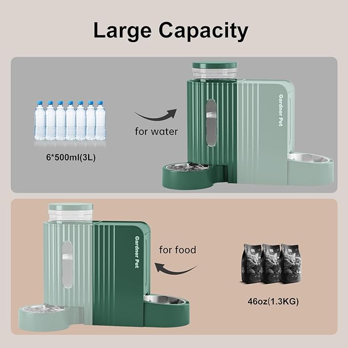 Gardner Pet Automatic Gravity Pet Feeder, 0.8 Gallons*2 Dog Feeder and Water Dispenser Set 100% BPA-Free, 2-in-1 Gravity Feeder with Stainless Steel Bowl for Dogs, Cats, Rabbits, Puppies (Green)-Mewly Pet