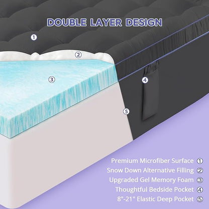ABENE 3 Inch Dual Layer Twin XL Memory Foam Mattress Topper, 2 Inch Memory Foam Plus 1 Inch Down Alternative Pillowtop Mattress Pad with Deep Pocket, Soft Support for Pressure Relief, Gray
