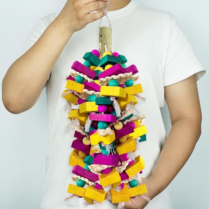 Large Bird Toys, Multi-Color Wooden Block with Bamboo Support Bird Chewing Toy Parrot Cage Bite Toy for Macaws Cokatoos African Grey and Large Medium Parrot Birds-Mewly Pet