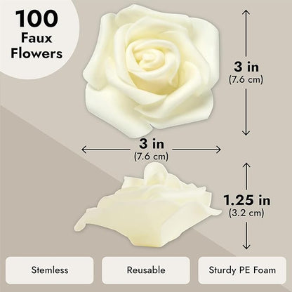 Juvale Centerpiece Table Decorations Ivory Artificial Roses - 100-Pack 3-Inch Foam Heads - Fake Flowers in Vase & Flower Decor - Wedding Table Decor & DIY Crafts
