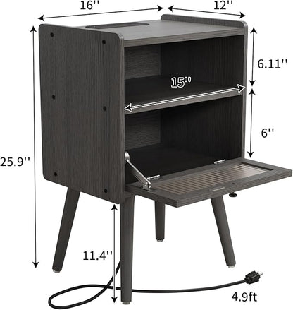 Mid Century Modern Nightstand with Charging Station, Bedside Tables with Glass Door, End Table Side Table with 2 Tiers Storage Space, for Bedroom, Living Room, Dark Grey