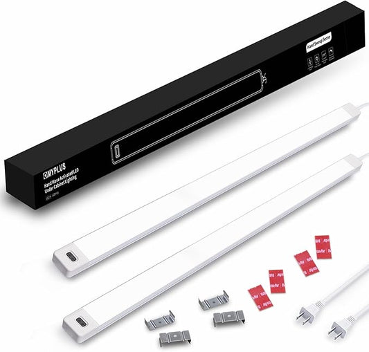 MYPLUS 2Pcs 24 Inch Under Cabinet Lights with Hand Wave, Under Counter Lighting 4000K Natural White,Dimmable,Plug and Play,LED Lights for Kitchen Cabinet, Cupboard, Closet, Desk